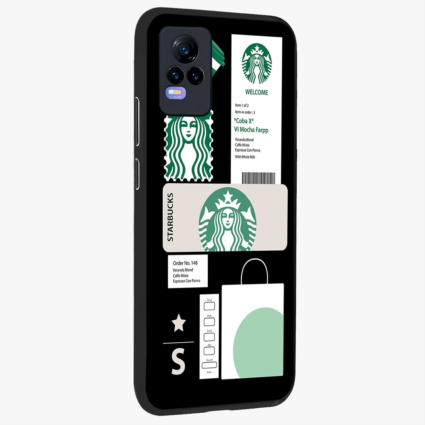 Starbucks Mocha Glass Case upright view showcasing trendy coffee inspired artwork with modern lifestyle theme.