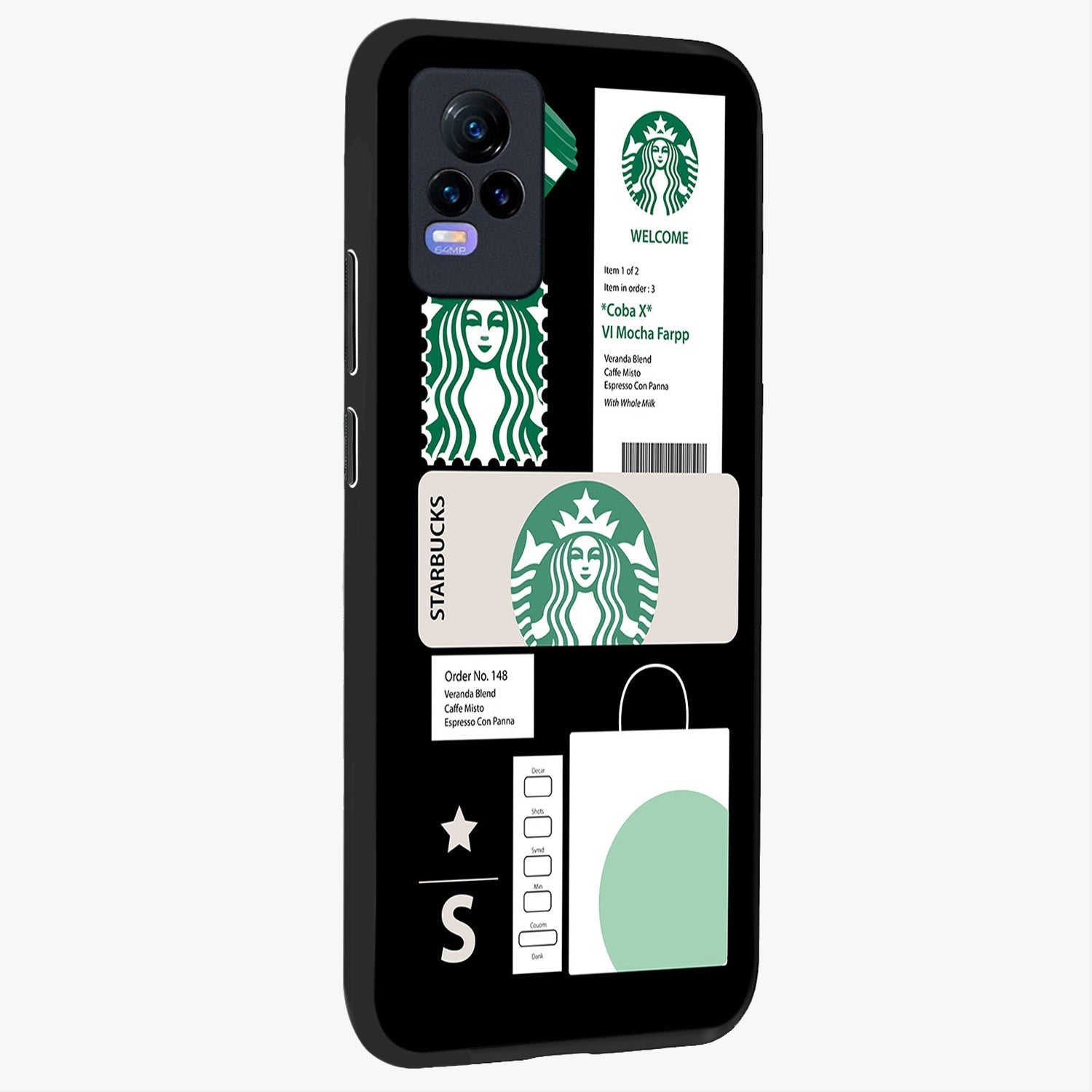 Starbucks Mocha Glass Case upright view showcasing trendy coffee inspired artwork with modern lifestyle theme.