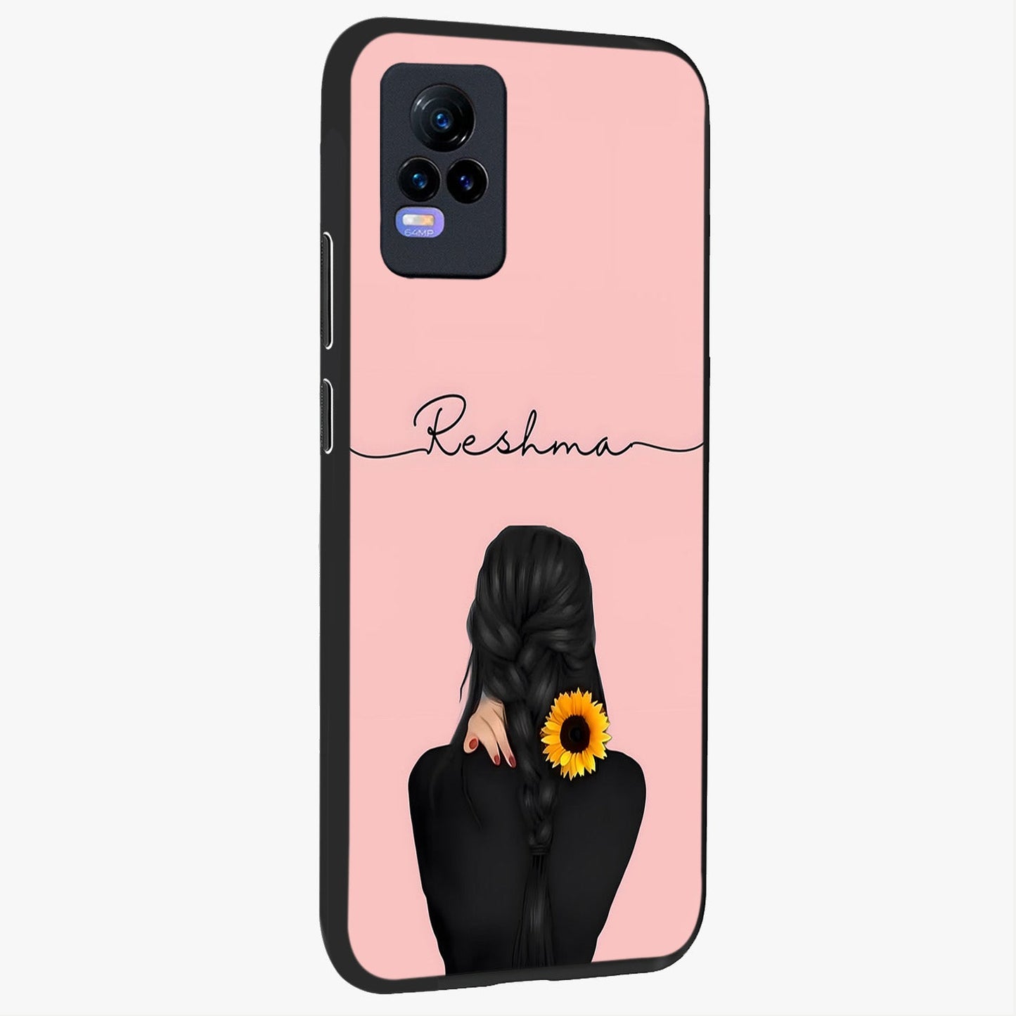 Sunflower Braid Beauty With Custom Name Glass Case upright view showcasing bright sunflower artwork with personalized floral aesthetic.