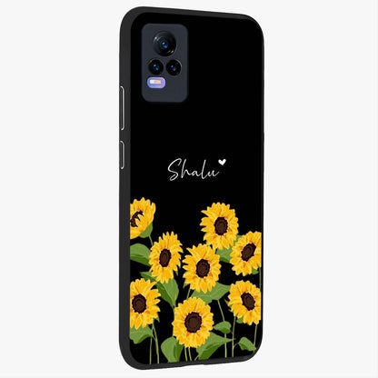 Sunflower Chic Mood Custom Name Glass Case upright view showcasing cheerful sunflower artwork with trendy floral theme.