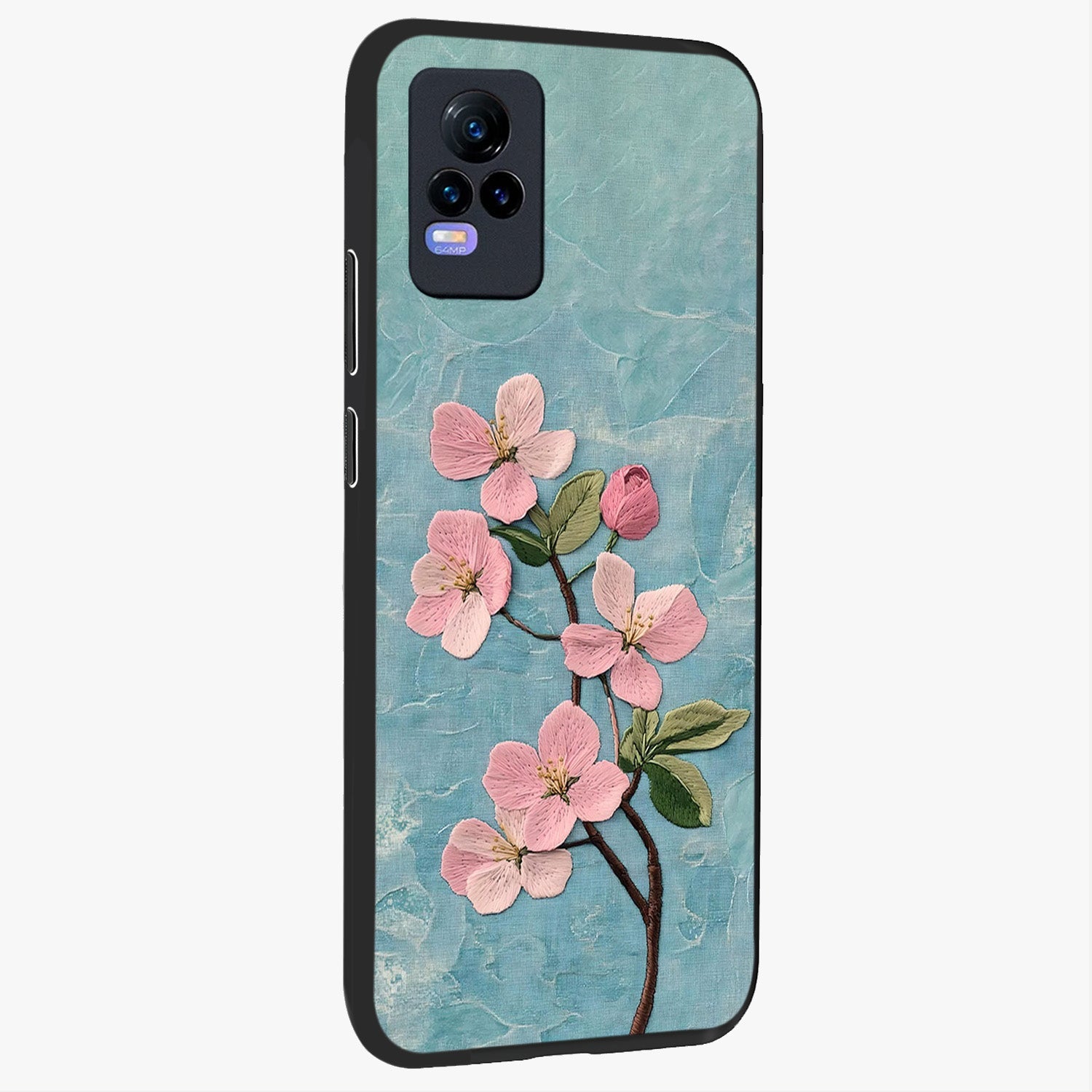 Threaded Blossom Breeze Glass Case upright view showcasing graceful flower artwork with calm botanical theme.
