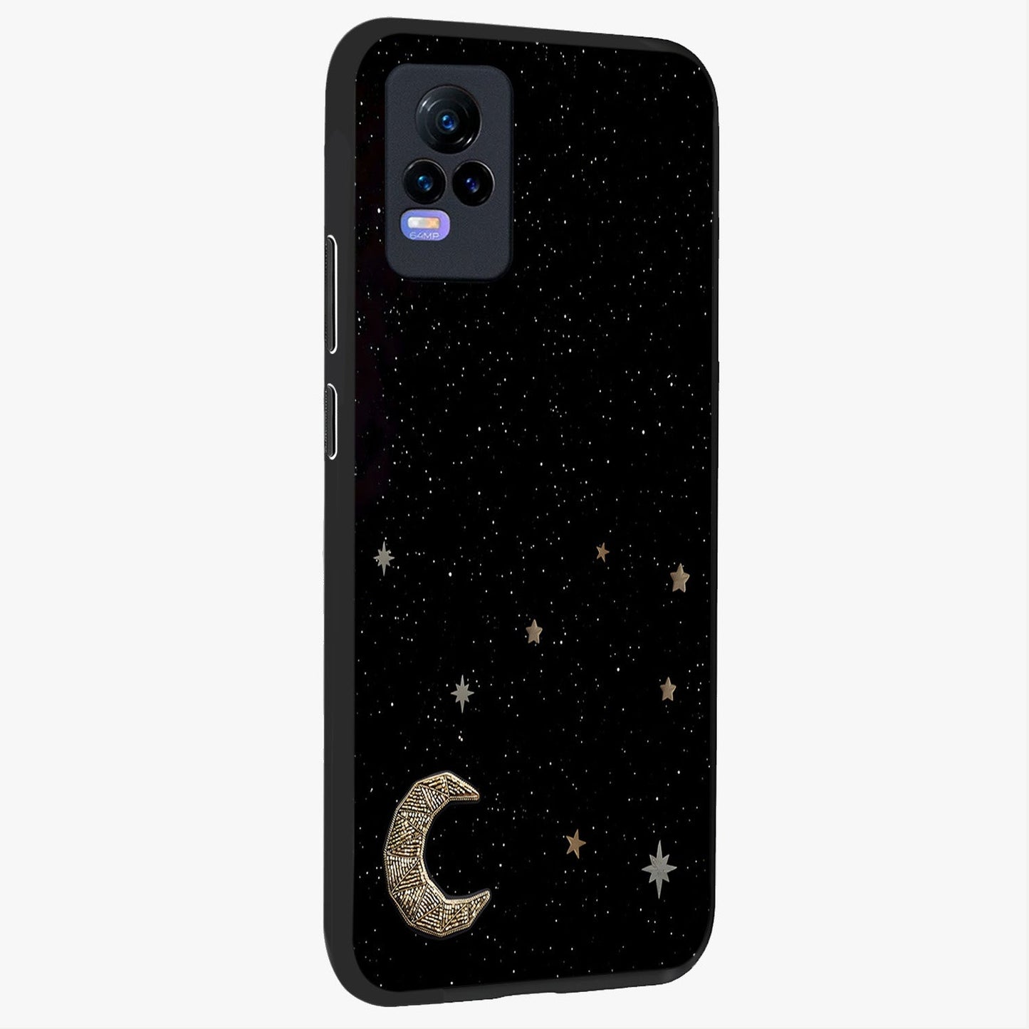Twinkle Star With Half Moon Glass Case upright view showcasing glowing cosmic artwork with dreamy night theme.