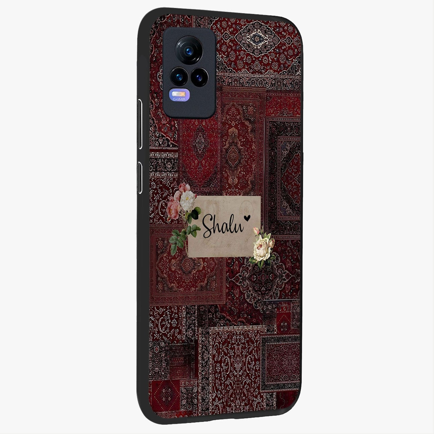 Velvet Wine Pattern Custom Name Glass Case upright view showcasing luxurious wine toned artwork with personalized aesthetic.