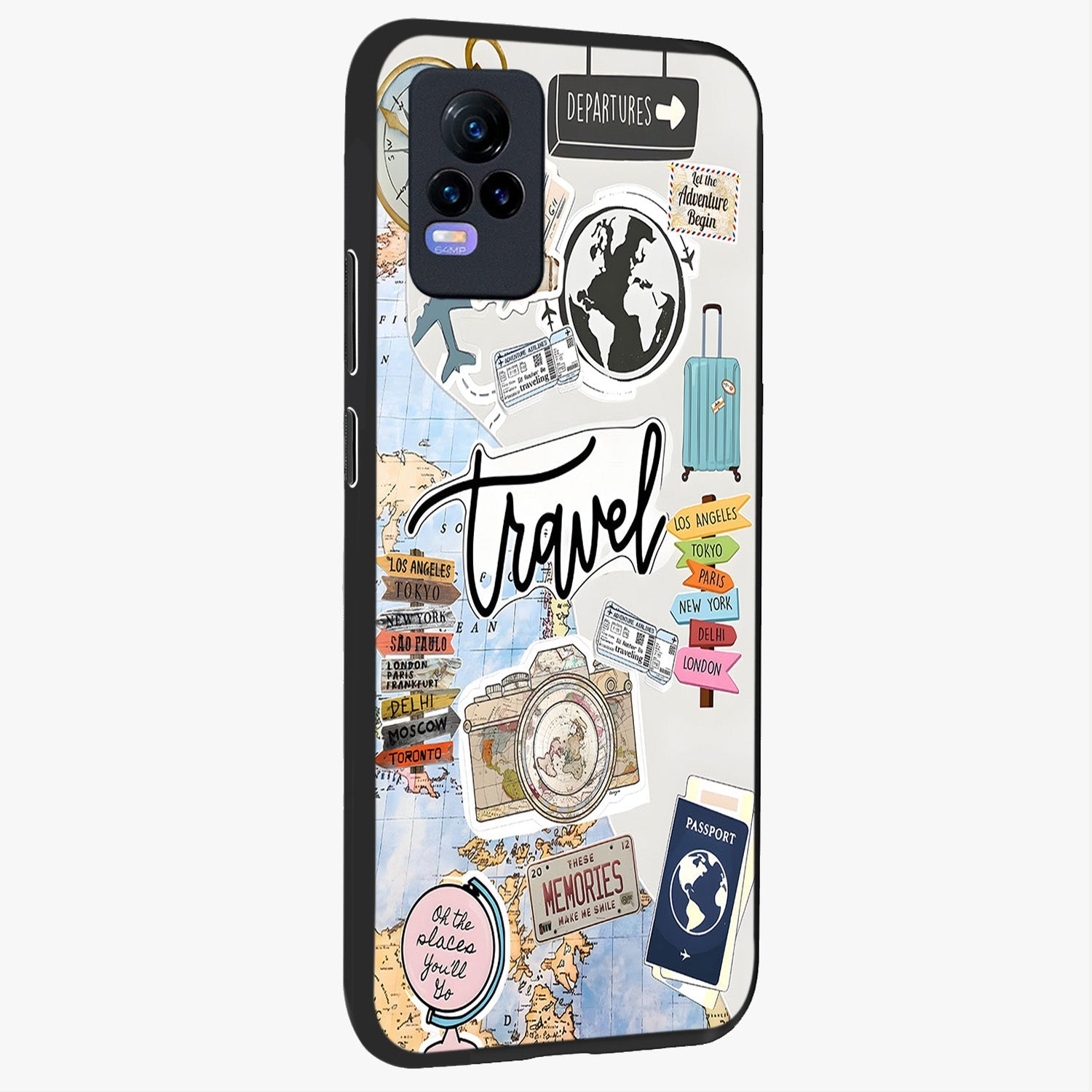 Wanderlust Journal Glass Case upright view showcasing wanderlust inspired artwork with creative exploration theme.