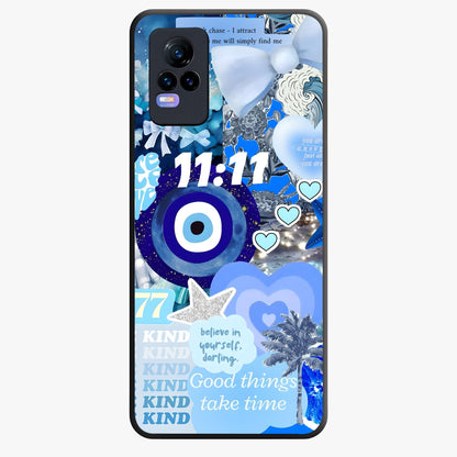 Aesthetic Be Kind Eye Glass Case showing flat back view with motivational eye artwork and glossy glass finish.