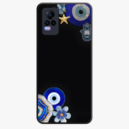 Aesthetic Blue Evil Eye Glass Case showing flat back view with protective evil eye artwork and glossy glass finish.