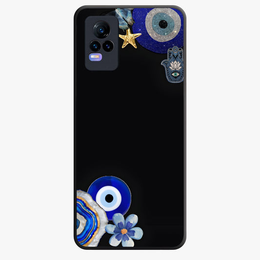Aesthetic Blue Evil Eye Glass Case showing flat back view with protective evil eye artwork and glossy glass finish.