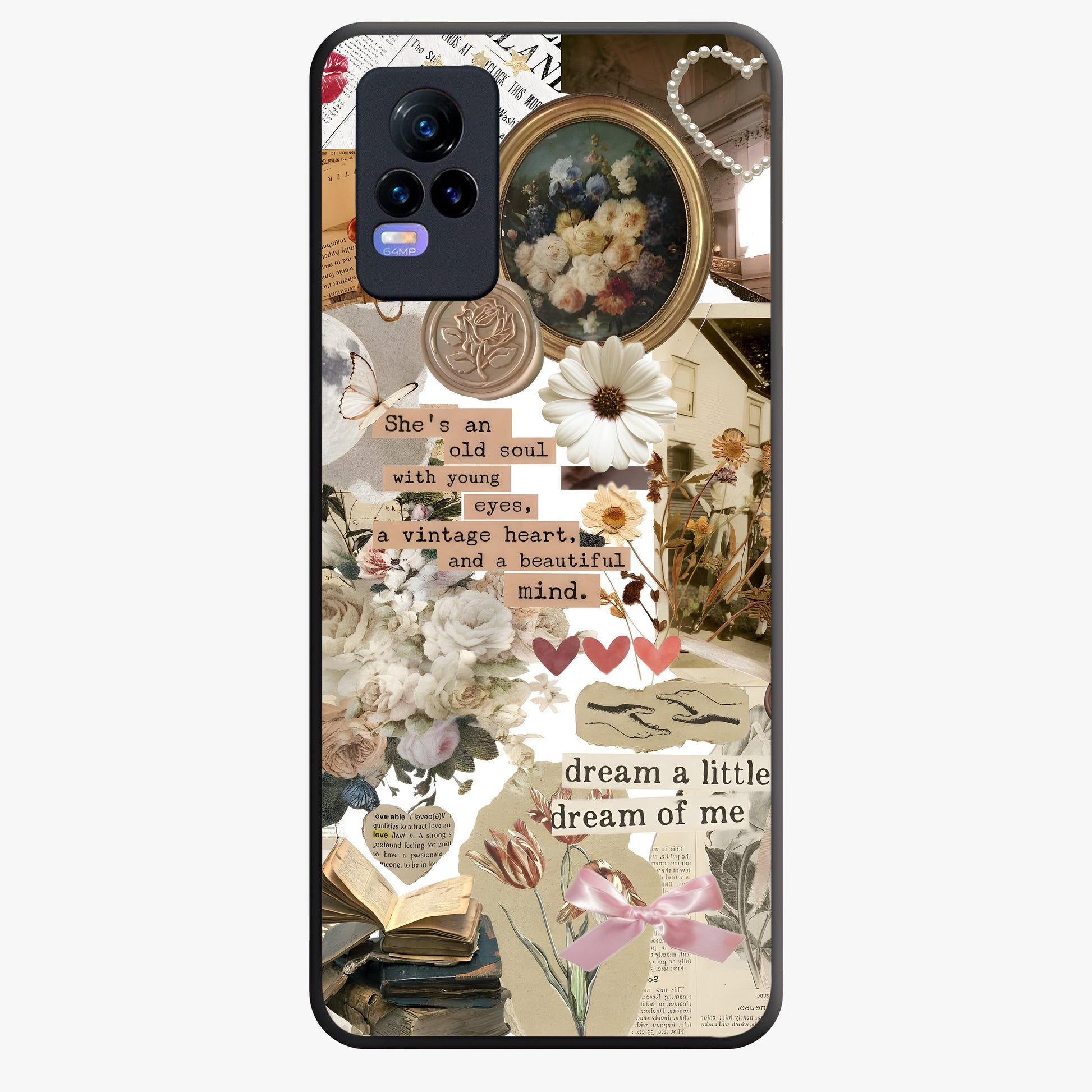 Aesthetic Brown Vintage Collage Glass Case showing flat back view with retro collage artwork and glossy glass finish.