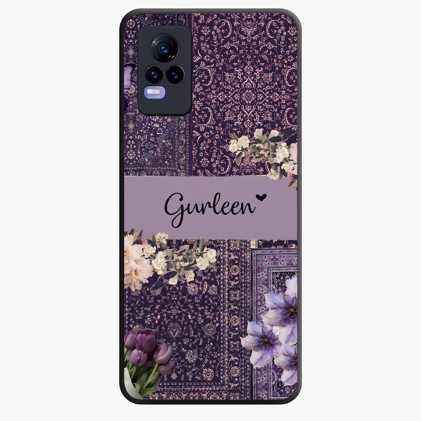 Antique Floral Whisper Custom Name Glass Case showing flat back view with vintage floral artwork and personalized name design.