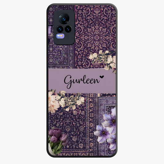 Antique Floral Whisper Custom Name Glass Case showing flat back view with vintage floral artwork and personalized name design.