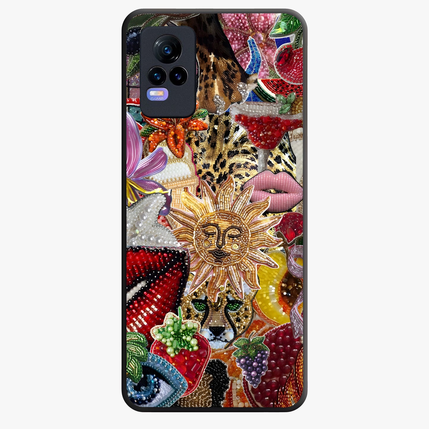 Beaded Fashion Jungle Glass Case showing flat back view with vibrant jungle inspired bead artwork and glossy glass finish.