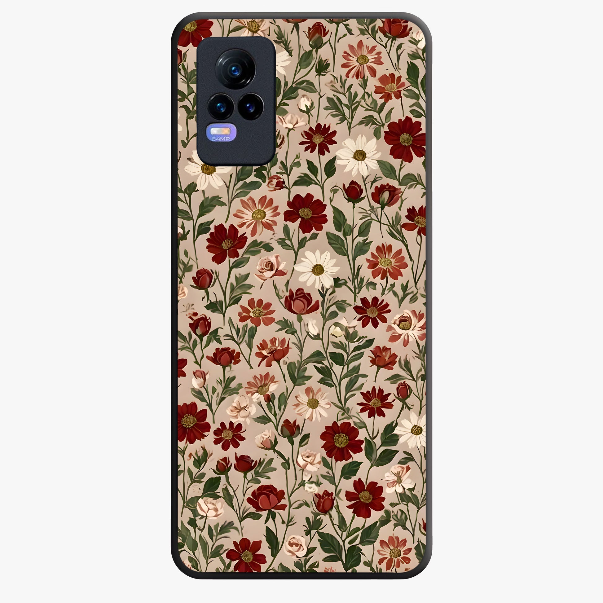 Biege Flower With Leaf Glass Case showing flat back view with soft beige floral artwork and glossy glass finish.
