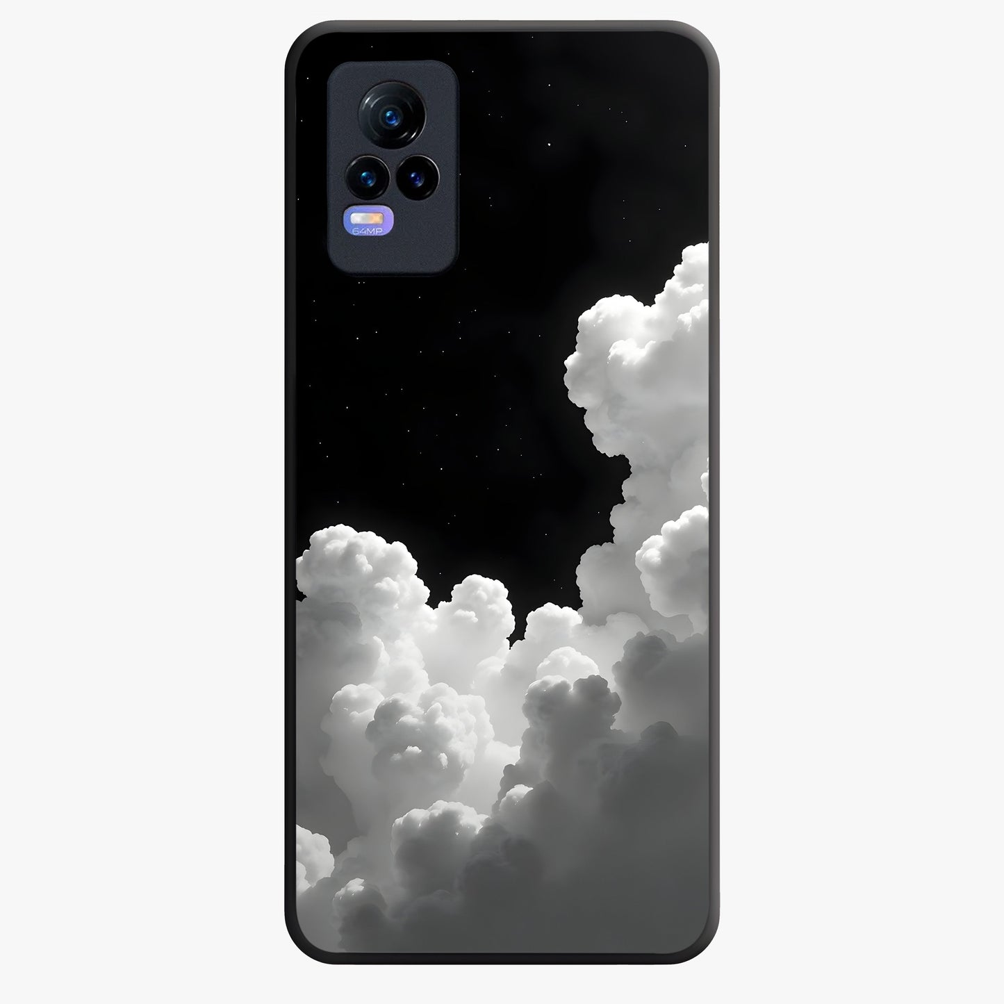 Black Background With White Cloud Glass Case showing flat back view with minimal cloud artwork on dark background and glossy glass finish.
