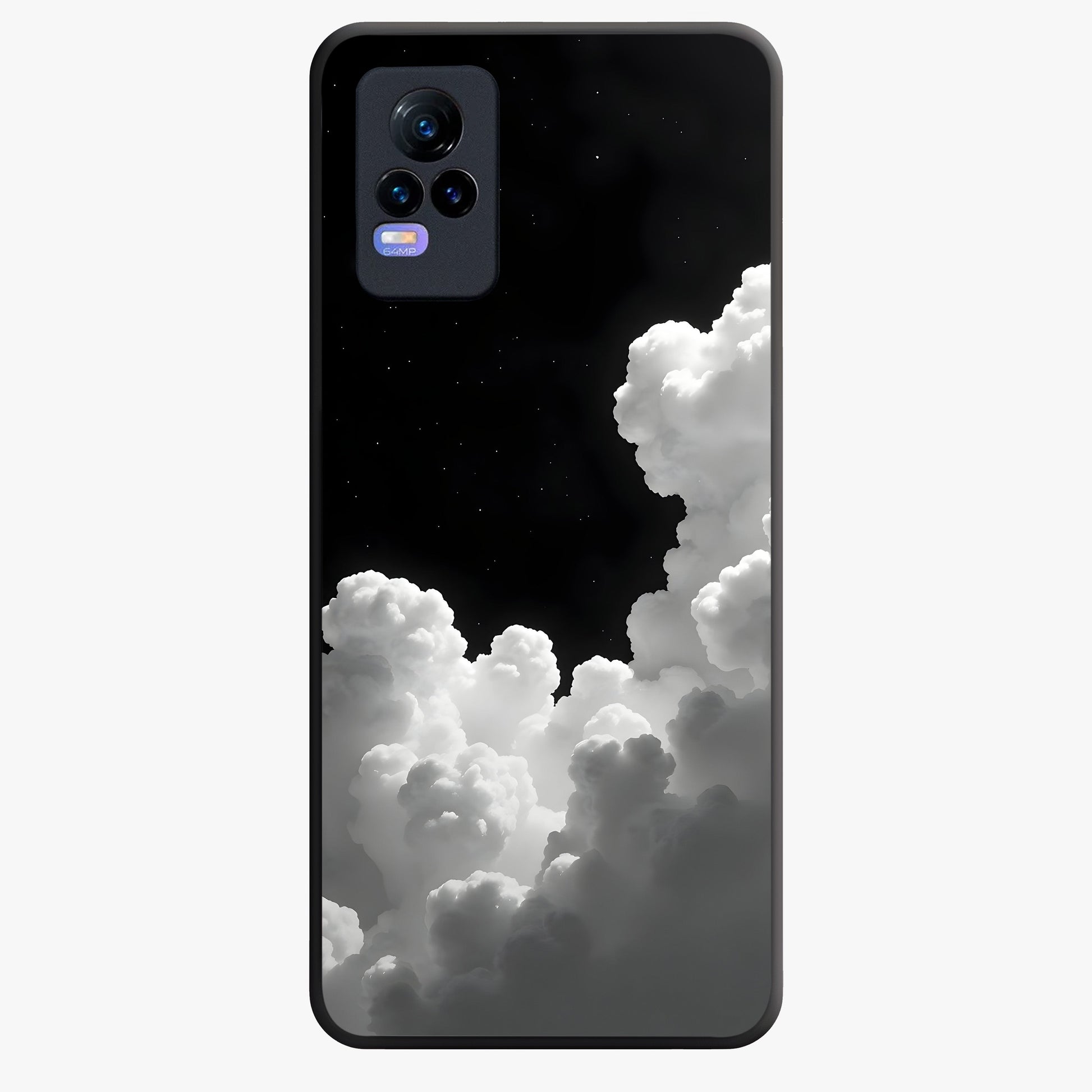 Black Background With White Cloud Glass Case showing flat back view with minimal cloud artwork on dark background and glossy glass finish.