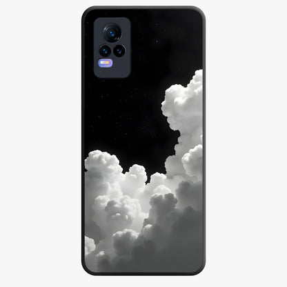 Black Background With White Cloud Glass Case showing flat back view with minimal cloud artwork on dark background and glossy glass finish.