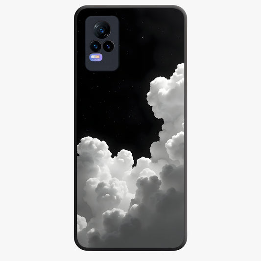 Black Background With White Cloud Glass Case showing flat back view with minimal cloud artwork on dark background and glossy glass finish.