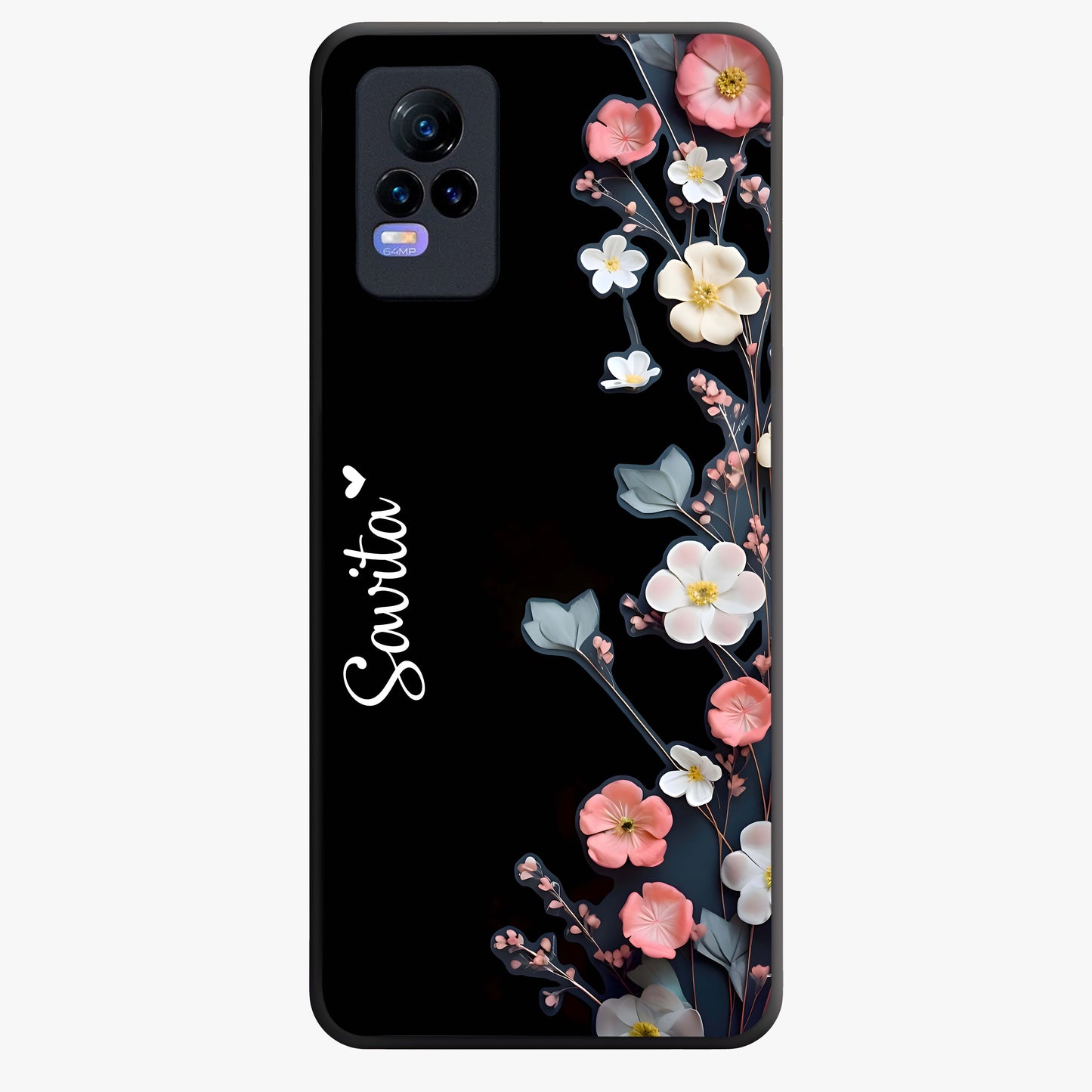Black Elegance Floral Custom Name Glass Case showing flat back view with elegant floral artwork and personalized name design.