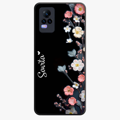 Black Elegance Floral Custom Name Glass Case showing flat back view with elegant floral artwork and personalized name design.