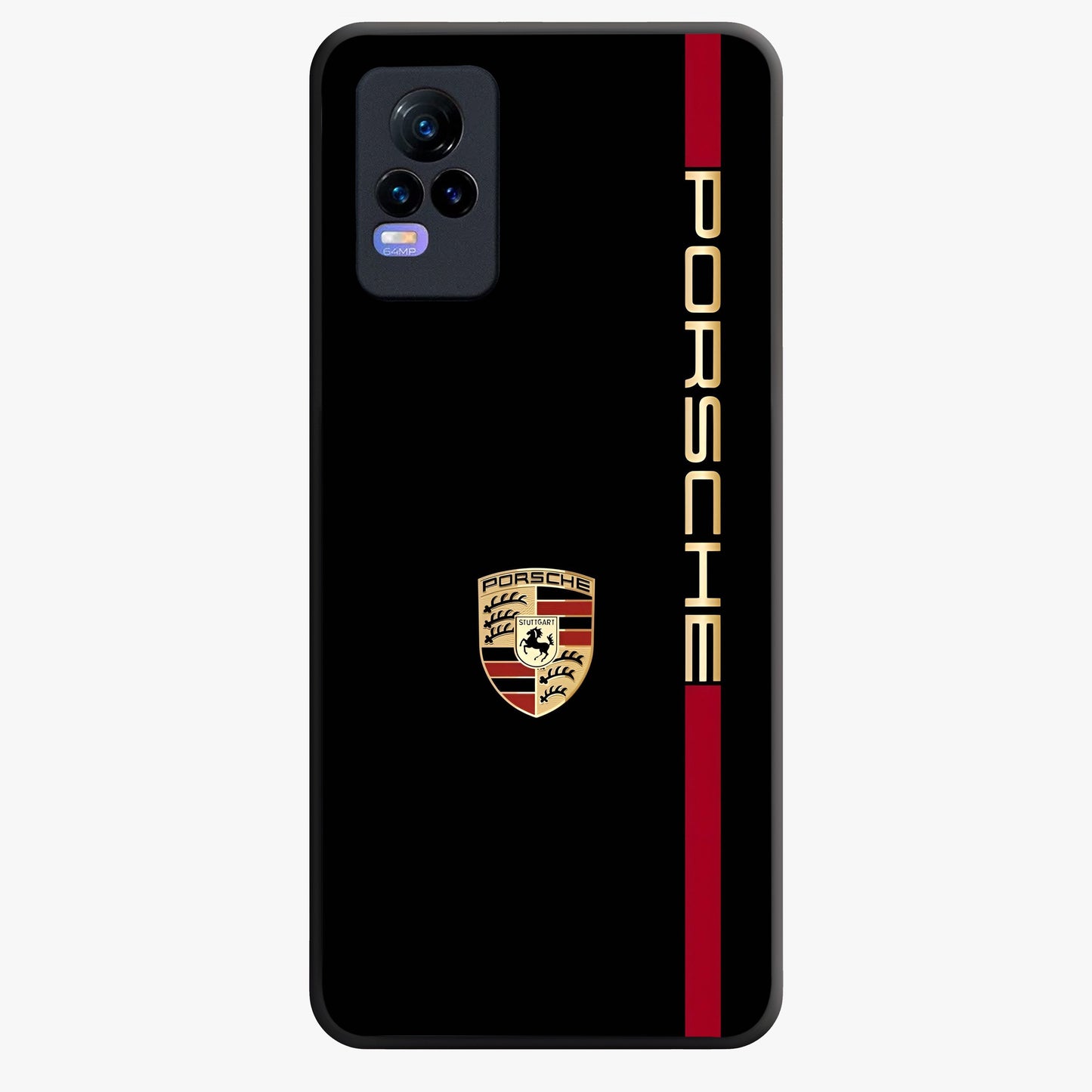 Black Minimal Porsche Glass Case showing flat back view with sleek minimal sports car artwork and glossy glass finish.