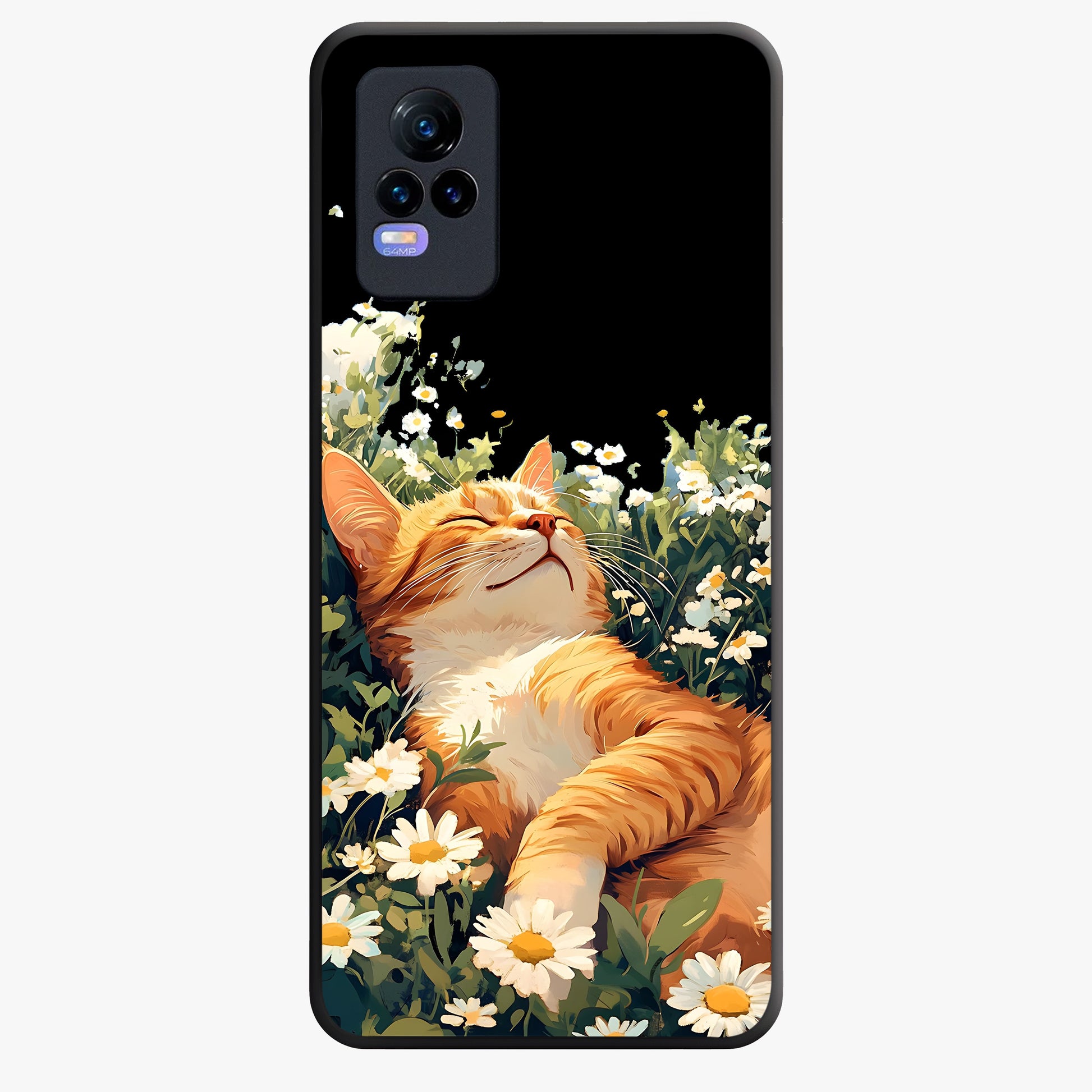 Blissful Bloom Cat Glass Case showing flat back view with cute cat and floral bloom artwork and glossy glass finish.