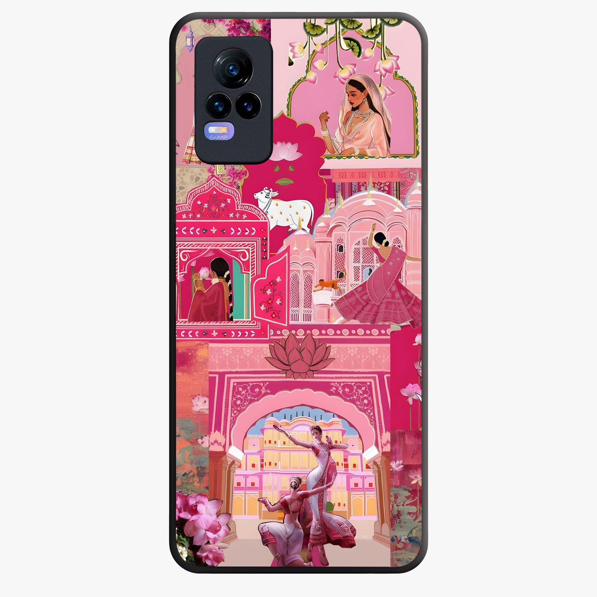 Blossoms of Rajasthan Glass Case showing flat back view with traditional floral artwork inspired by Rajasthan and glossy glass finish.