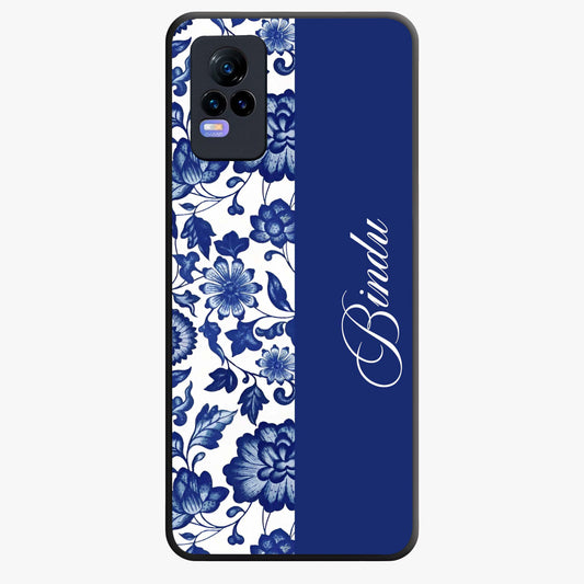 Blue Vintage Floral Pattern Glass Case upright view showcasing timeless floral illustration with vintage inspired style.