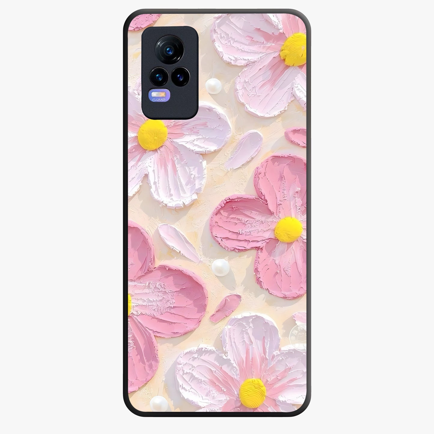 Blush Bloom Texture Glass Case showing flat back view with soft blush floral texture artwork and glossy glass finish.