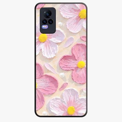 Blush Bloom Texture Glass Case showing flat back view with soft blush floral texture artwork and glossy glass finish.