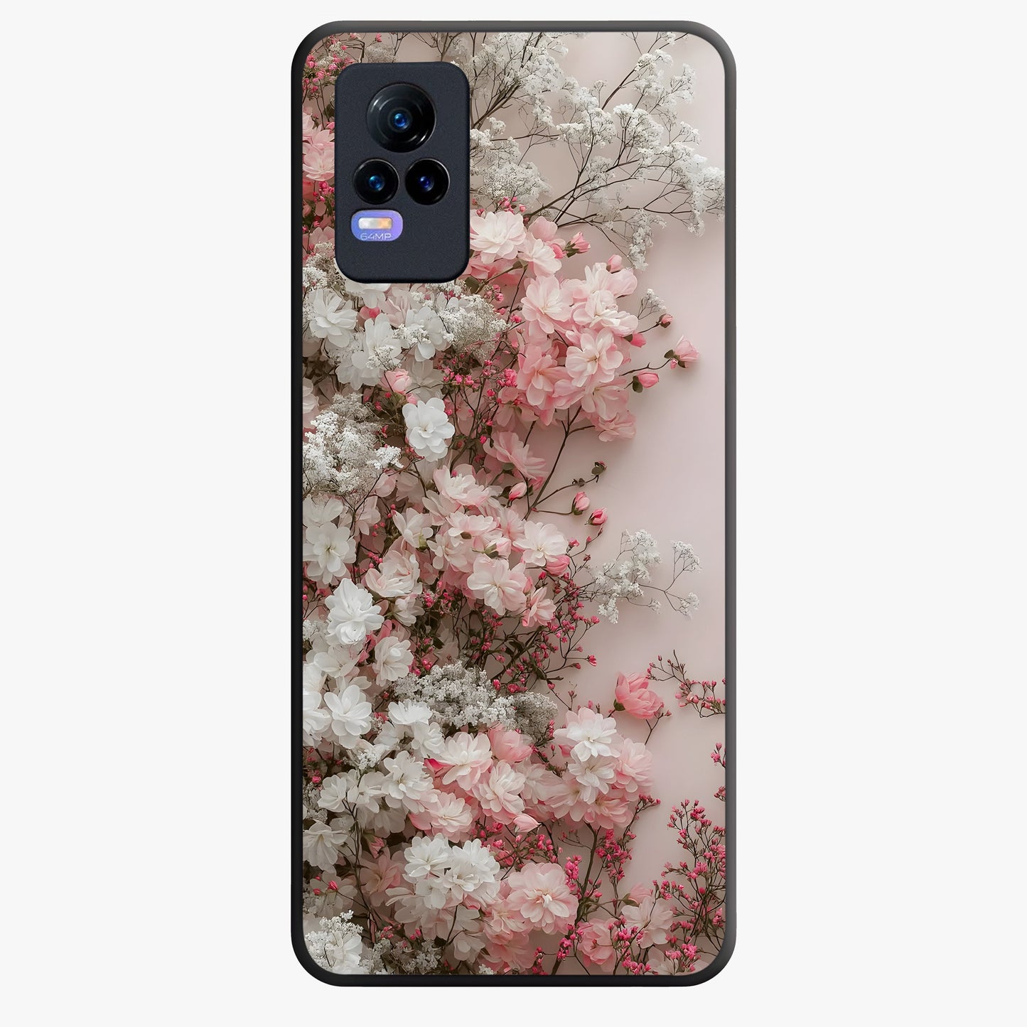 Blush Blossom Cloud Glass Case showing flat back view with dreamy blush cloud blossom artwork and glossy glass finish.