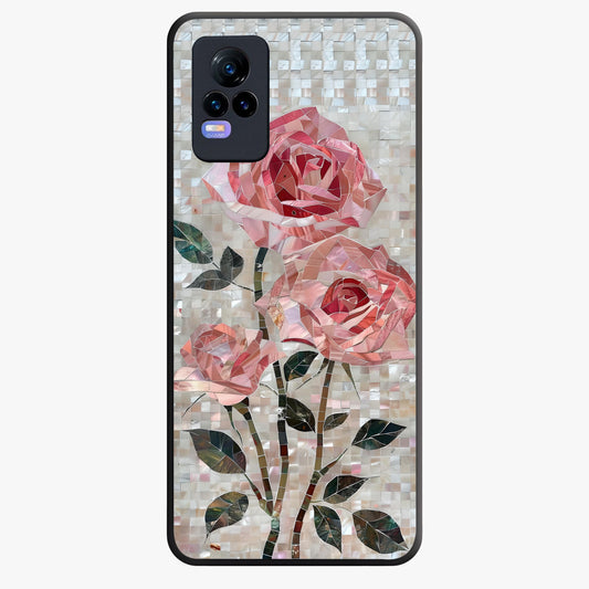Blush Mosaic Bloom Glass Case showing flat back view with mosaic floral bloom artwork and glossy glass finish.
