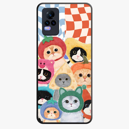Cats in Fruits Glass Case showing flat back view with playful cat illustrations inside fruit artwork and glossy glass finish.