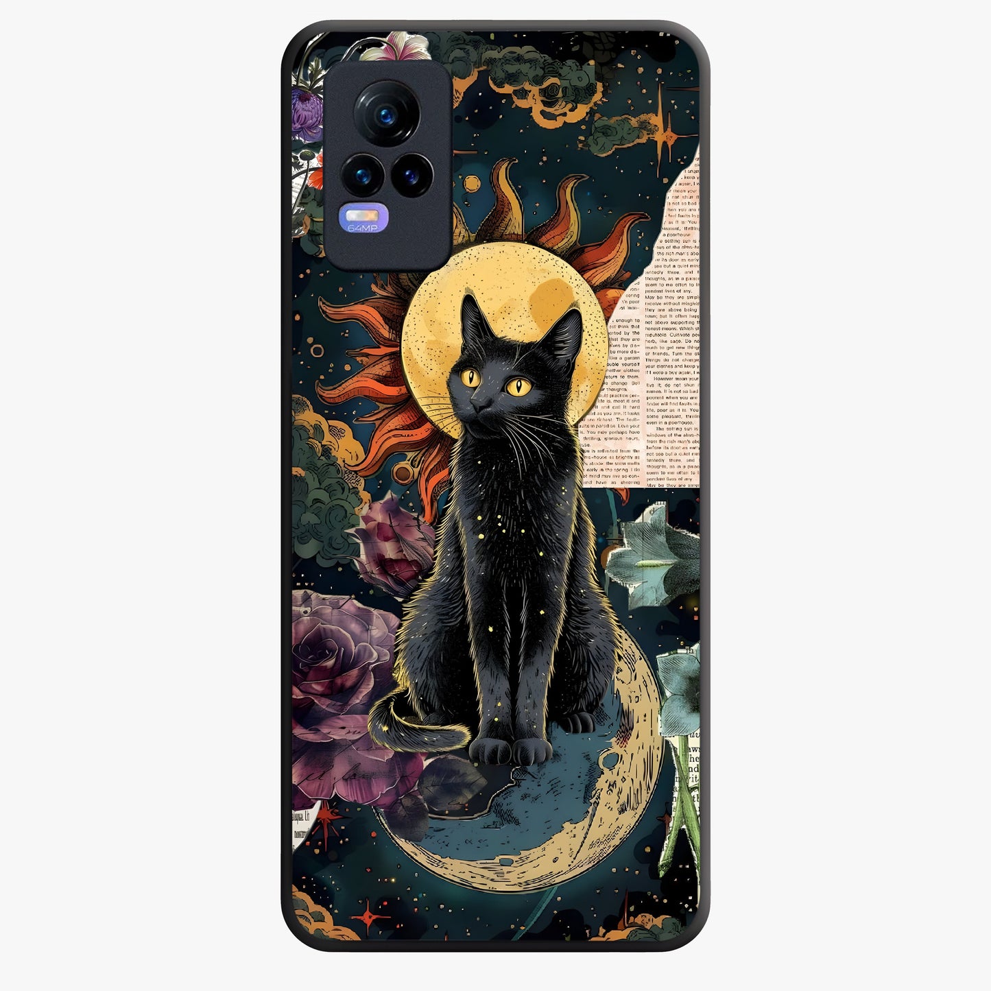 Celestial Black Cat Glass Case showing flat back view with mystical black cat artwork and glossy glass finish.