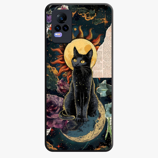Celestial Black Cat Glass Case showing flat back view with mystical black cat artwork and glossy glass finish.