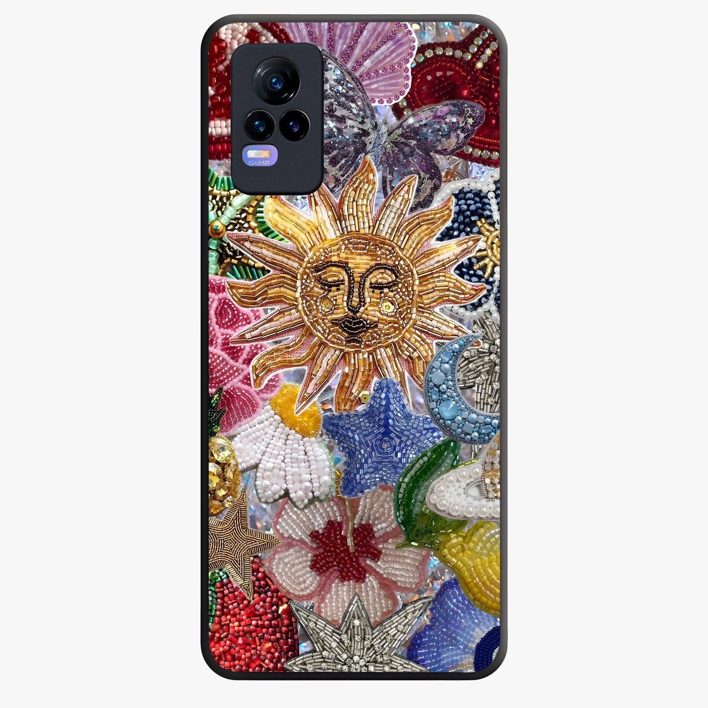 Celestial Floral and Playful Glass Case showing flat back view with floral and celestial themed artwork and glossy glass finish.