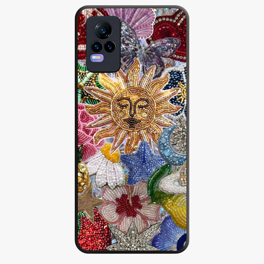 Celestial Floral and Playful Glass Case showing flat back view with floral and celestial themed artwork and glossy glass finish.