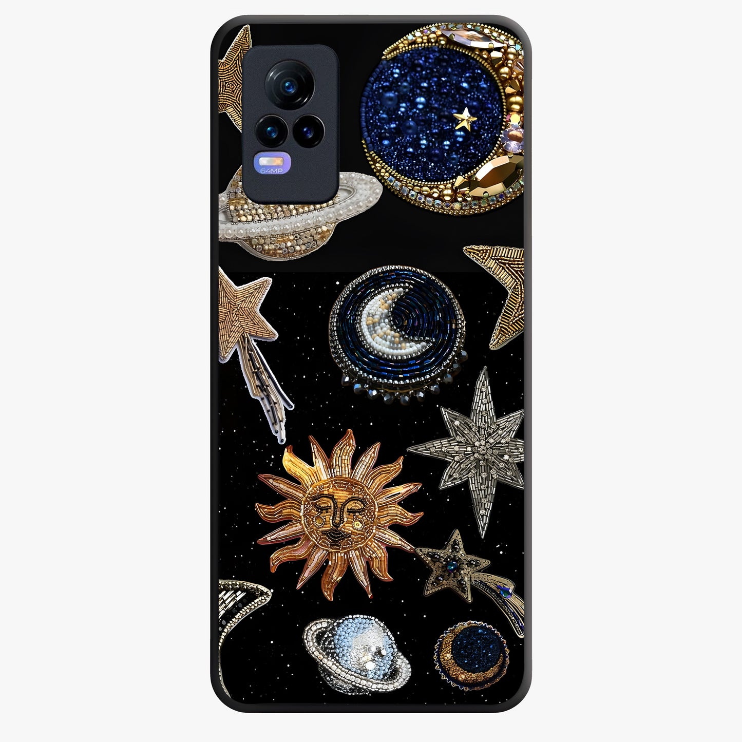 Celestial Gem Constellations Glass Case showing flat back view with sparkling constellation artwork and glossy glass finish.
