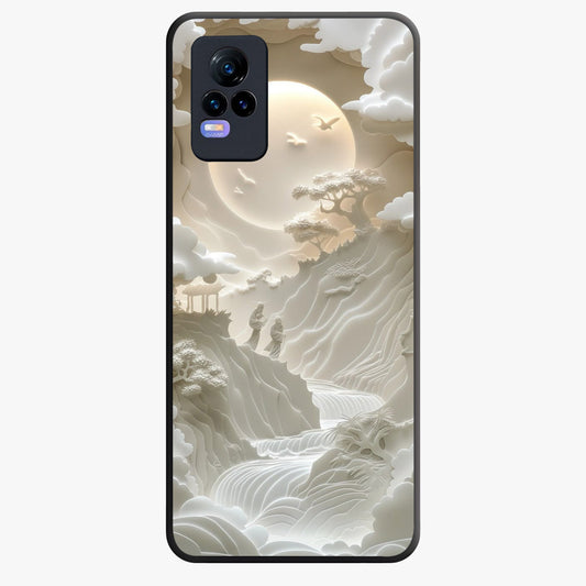 Celestial Origami Glass Case showing flat back view with artistic origami inspired celestial artwork and glossy glass finish.