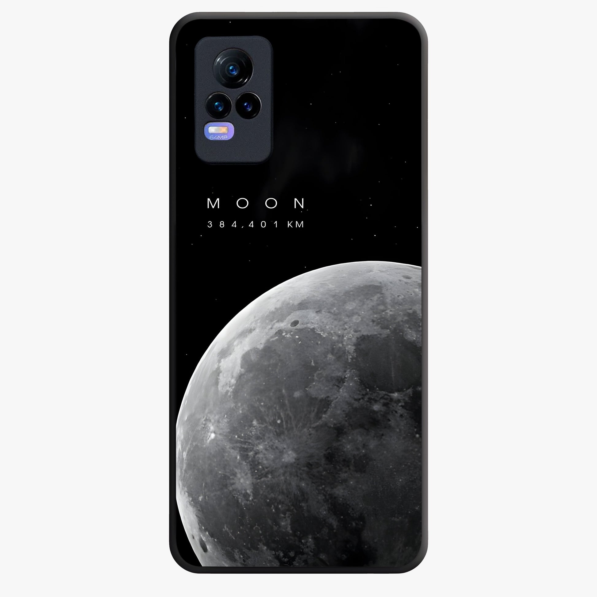 Cosmic Moon Glow Glass Case showing flat back view with glowing moon artwork and glossy glass finish.