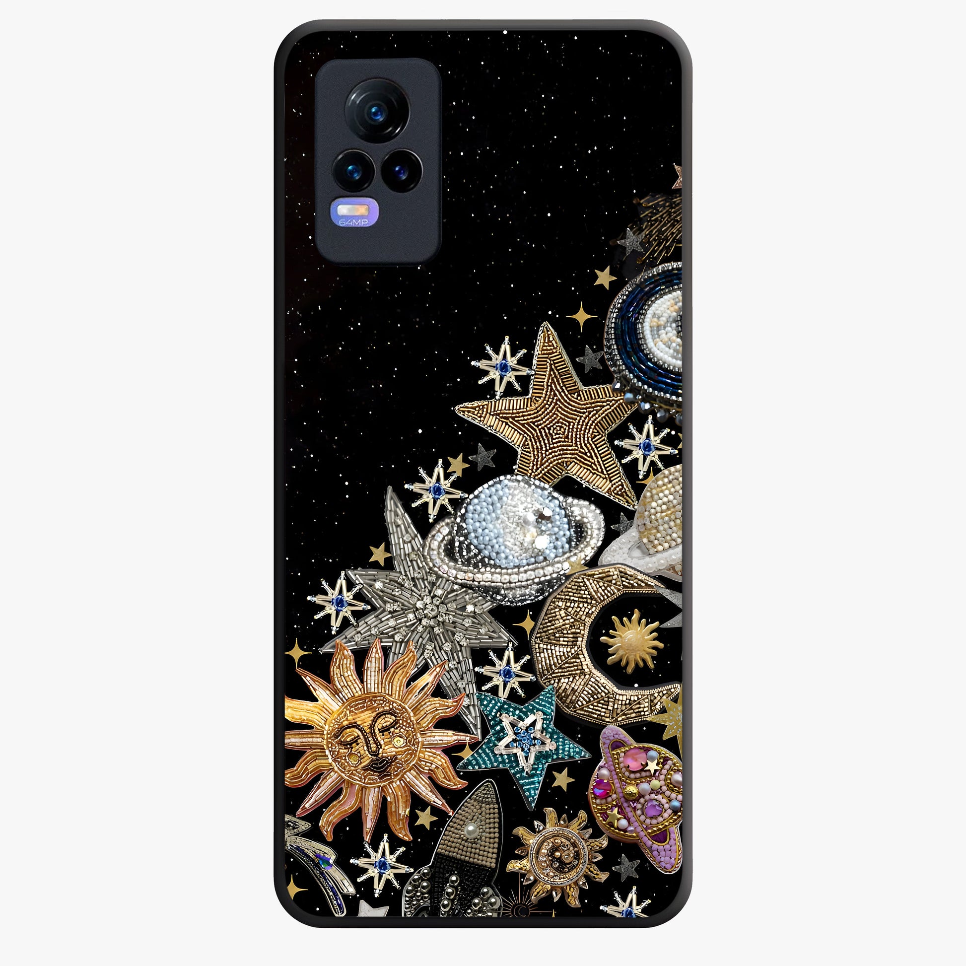 Cosmic Sparkle Dreams Glass Case showing flat back view with sparkling cosmic artwork and glossy glass finish.