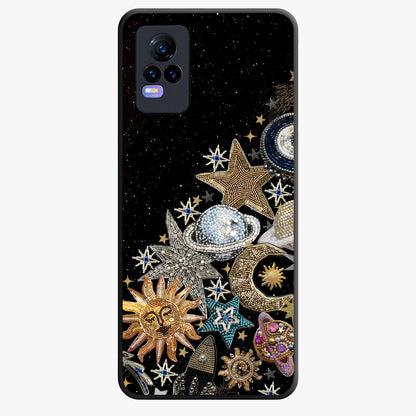 Cosmic Sparkle Dreams Glass Case showing flat back view with sparkling cosmic artwork and glossy glass finish.