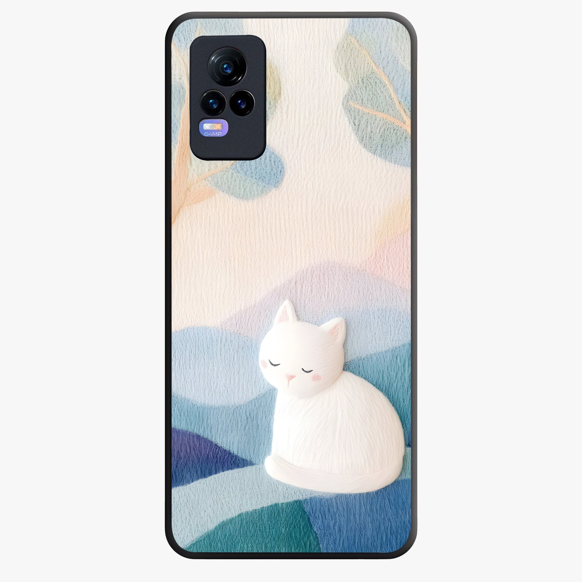 Cotton Dream Cat Glass Case showing flat back view with soft dreamy cat artwork and glossy glass finish.
