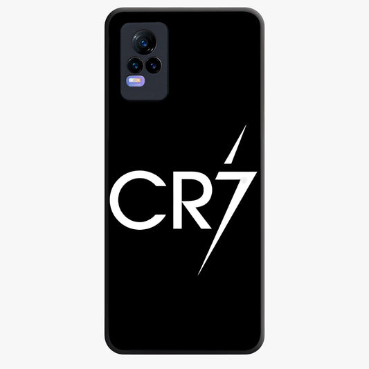 Cr7 Elite Strike Glass Case showing flat back view with dynamic football inspired artwork and glossy glass finish.