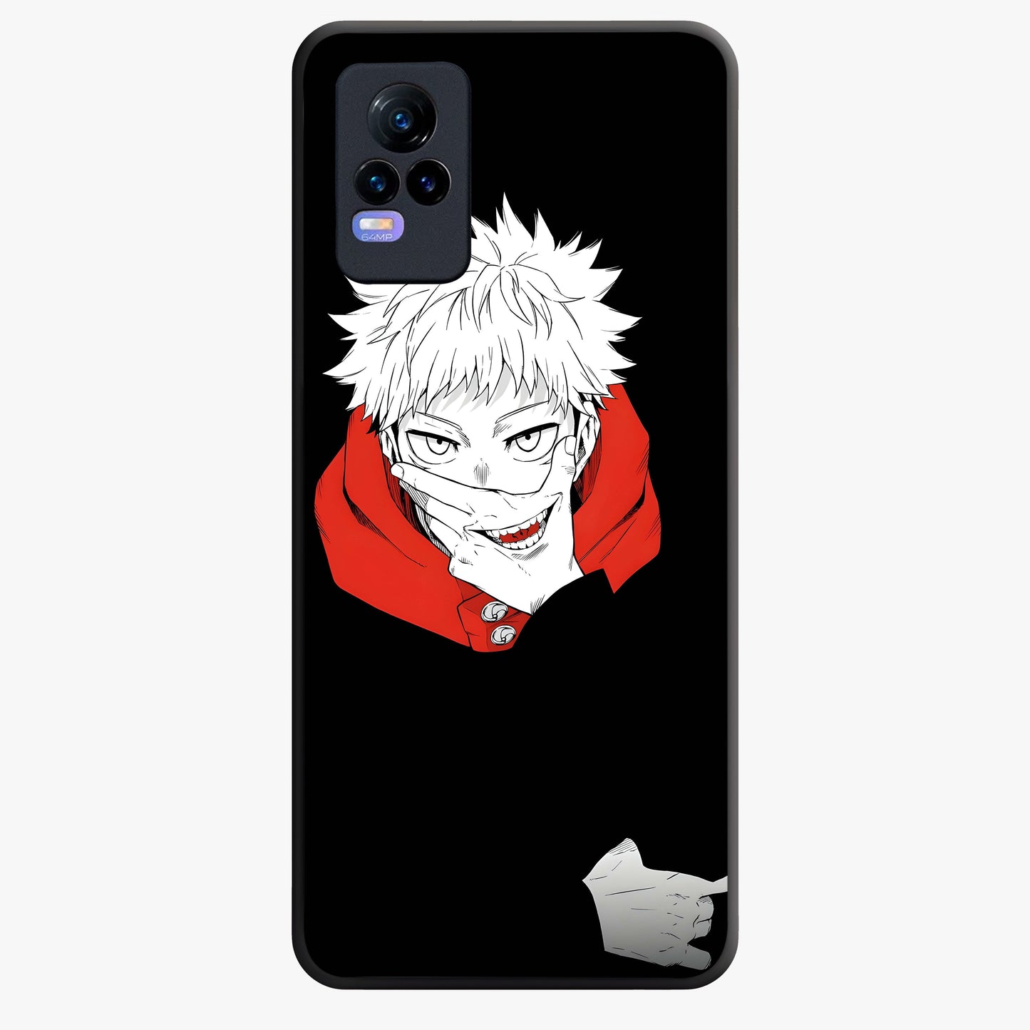 Crimson Chaos Smile Glass Case showing flat back view with bold chaotic smile artwork and glossy glass finish.