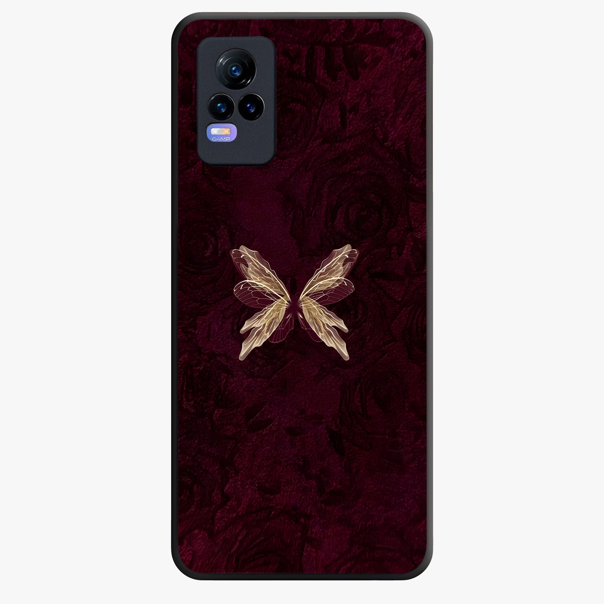 Crimson Fade Butterfly Glass Case showing flat back view with fading butterfly artwork and glossy glass finish.