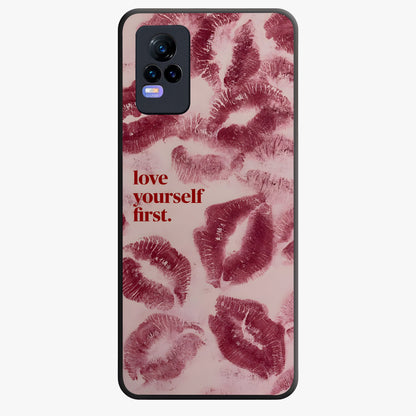 Crimson Kiss Love Glass Case showing flat back view with romantic crimson themed artwork and glossy glass finish.