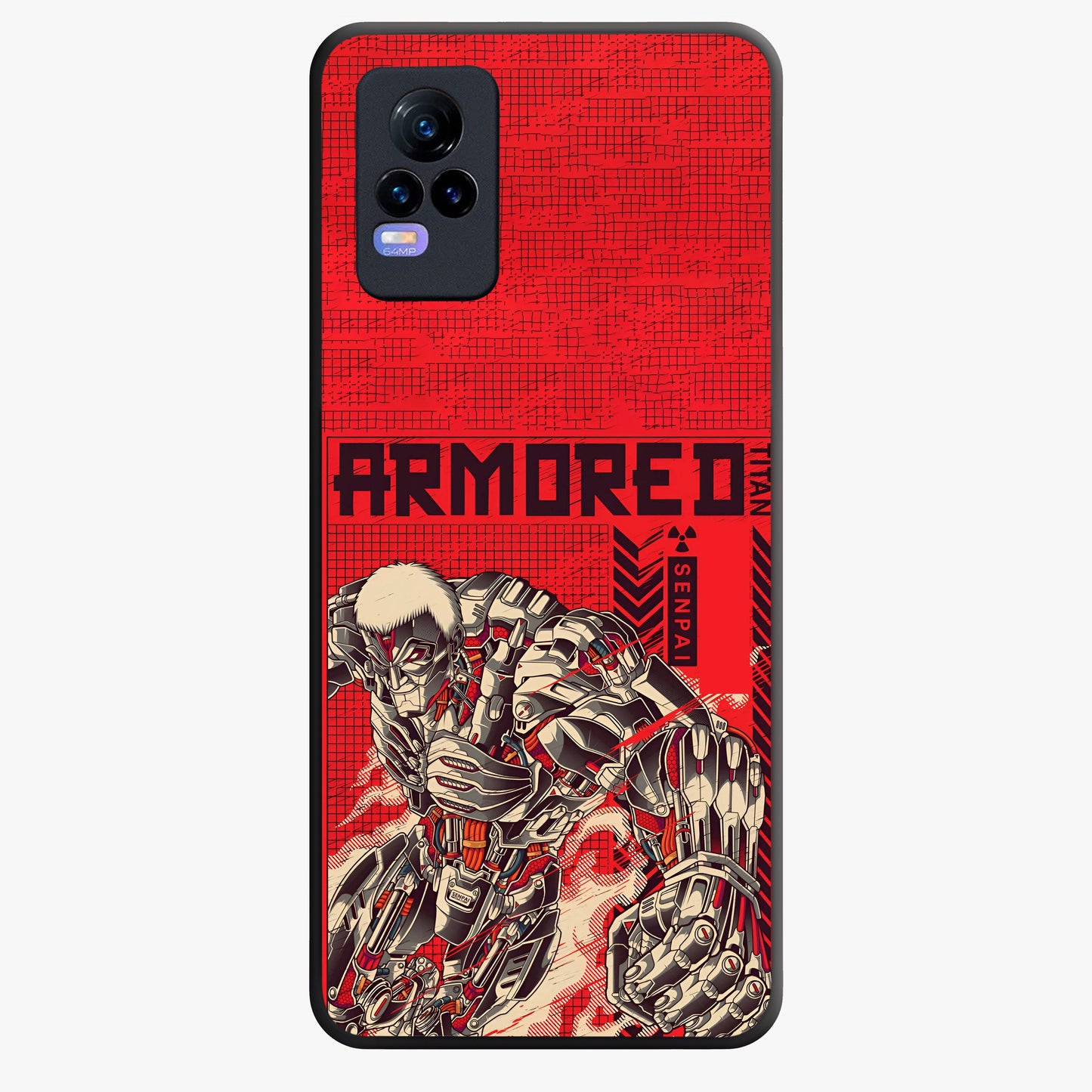 Crimson Mecha Titan Glass Case showing flat back view with powerful mech titan artwork and glossy glass finish.