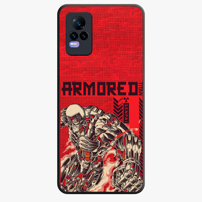 Crimson Mecha Titan Glass Case showing flat back view with powerful mech titan artwork and glossy glass finish.