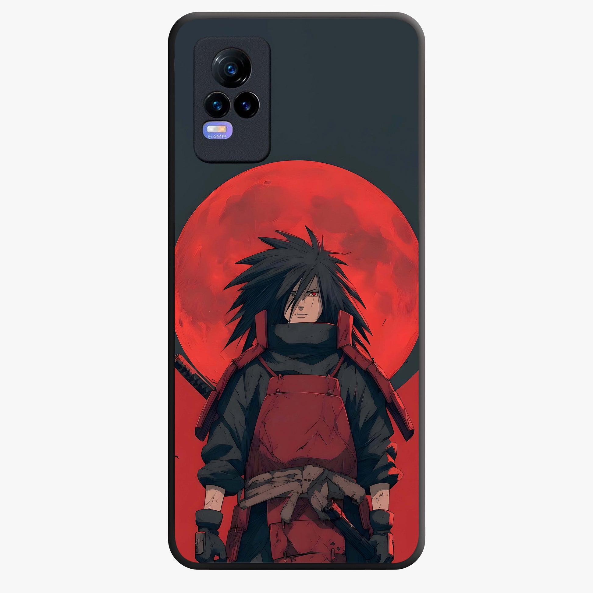 Crimson Moon Warlord Glass Case showing flat back view with mystical moon warrior artwork and glossy glass finish.