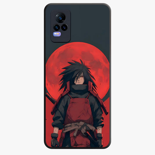 Crimson Moon Warlord Glass Case showing flat back view with mystical moon warrior artwork and glossy glass finish.