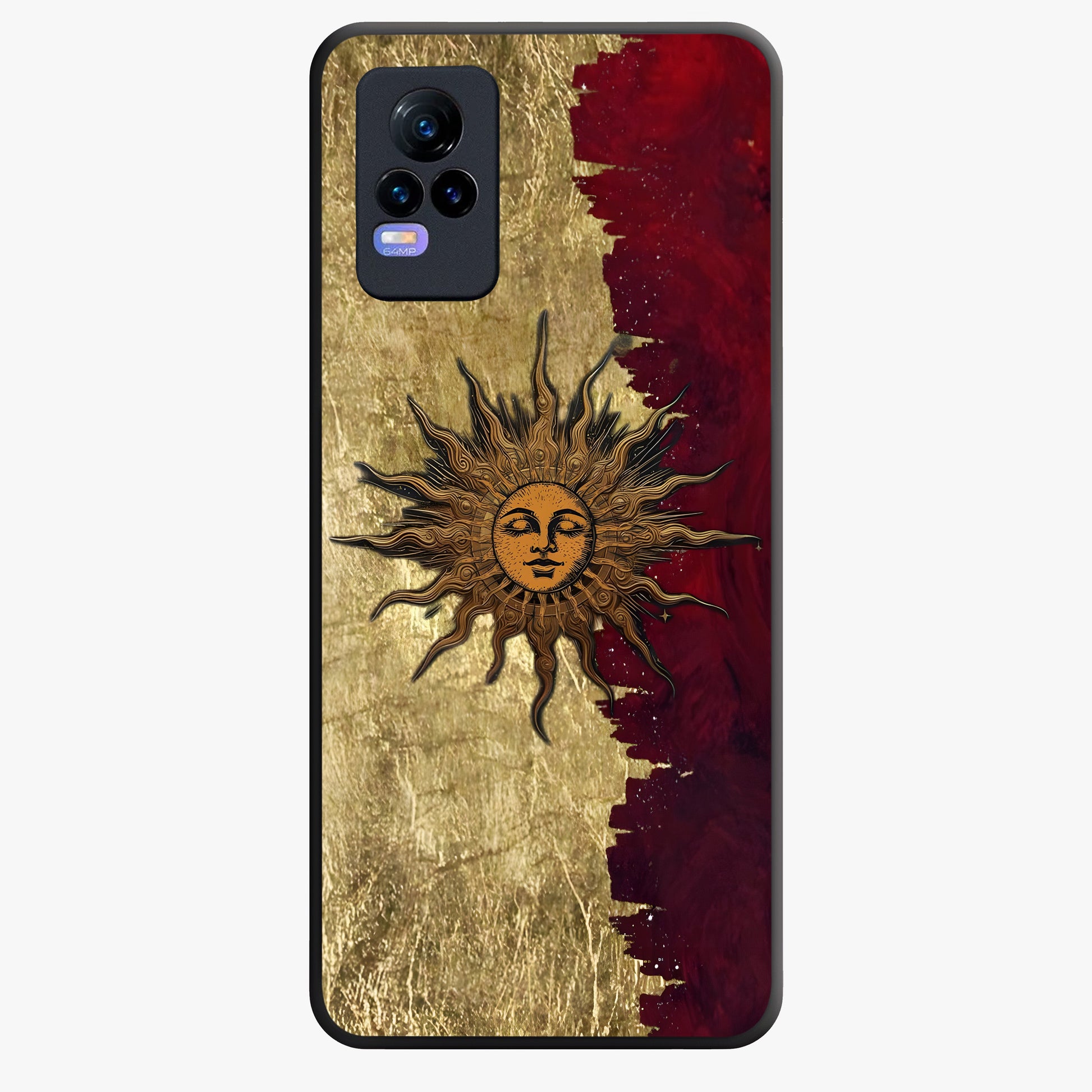 Crimson Sun Majesty Glass Case showing flat back view with radiant sun inspired artwork and glossy glass finish.